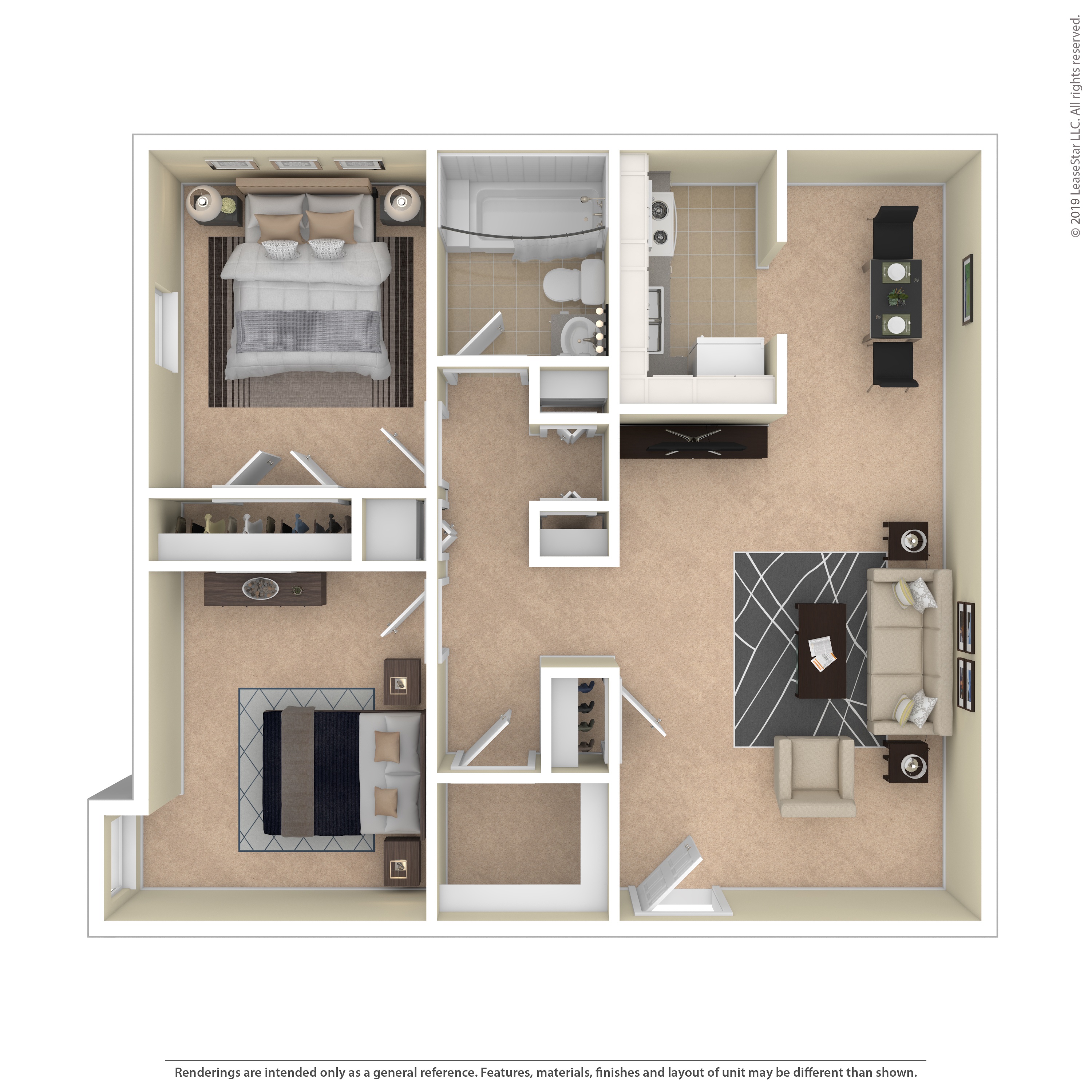 A floor plan of a small apartment with a kitchen